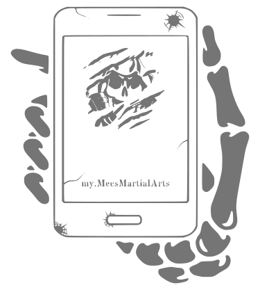 Skeli hand holding a mobile.